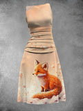 Women's Flower Beautiful Fox  Art Printing Maxi Dress