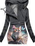 Women's Winter Cat Print Casual Hooded Track Jacket