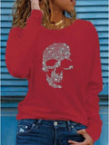 Women's T shirt Tee Black White Red Skull Sparkly Rhinestone Long Sleeve Casual Weekend Basic Round Neck Regular Painting S