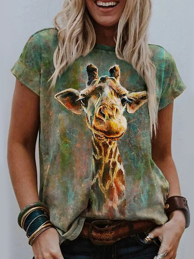 Women's T shirt Tee Green Giraffe Print Short Sleeve Daily Weekend Basic Round Neck Regular Painting S