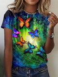 Women's T shirt Tee Blue Graphic Butterfly Print Short Sleeve Daily Weekend Basic Round Neck Regular Butterfly Painting S